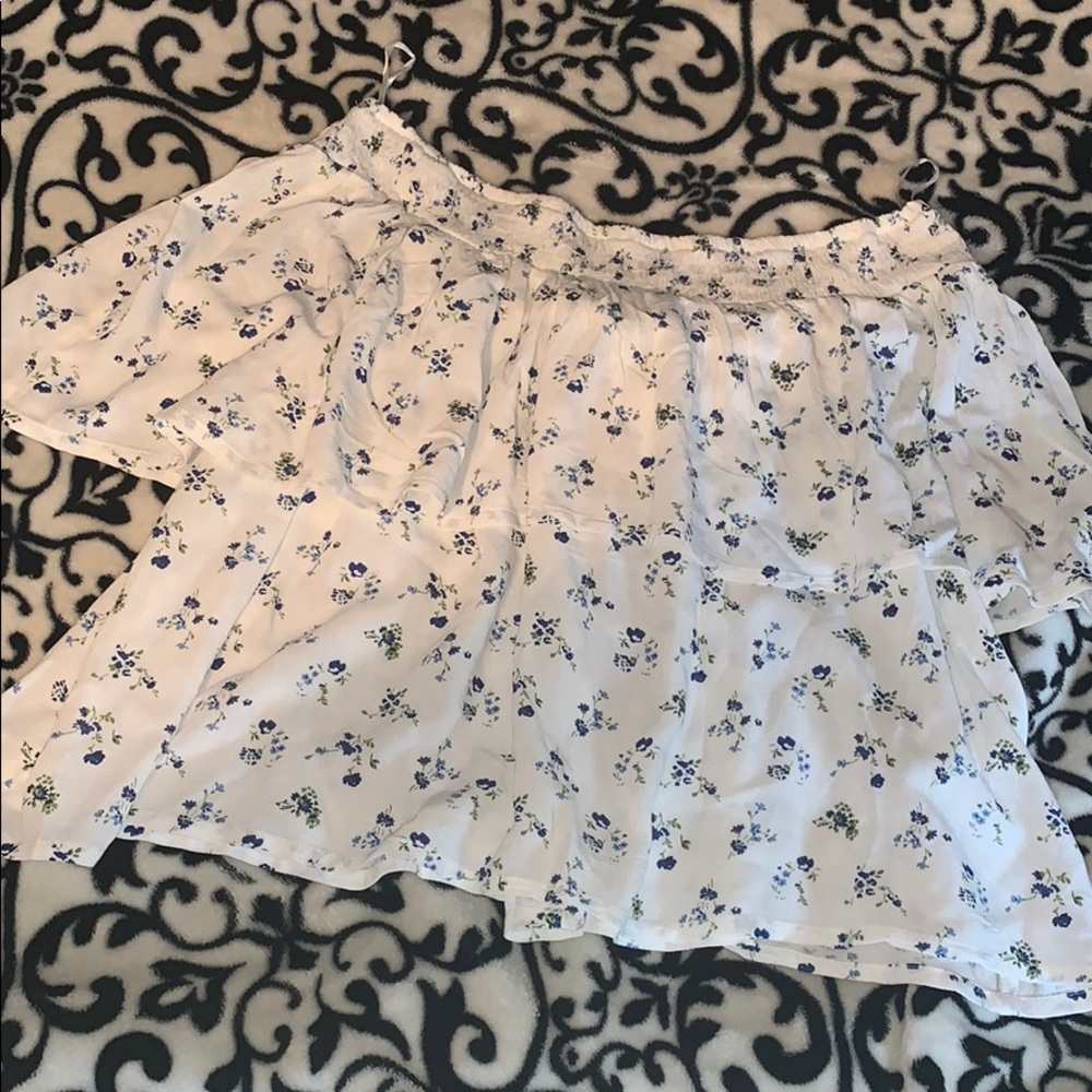 Blue and white floral print off the shoulder top
